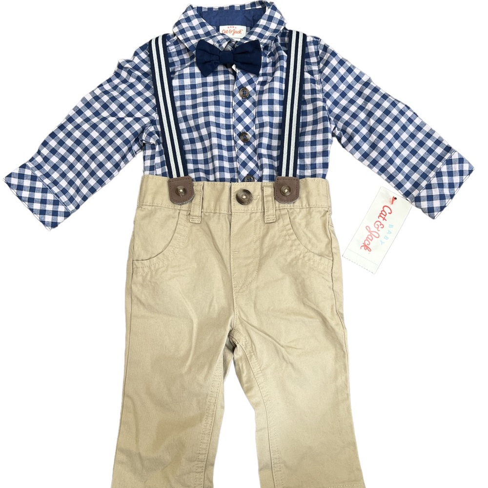 Cat & Jack 3 piece outfit. Button up body suit, pants and suspenders 3-6 months